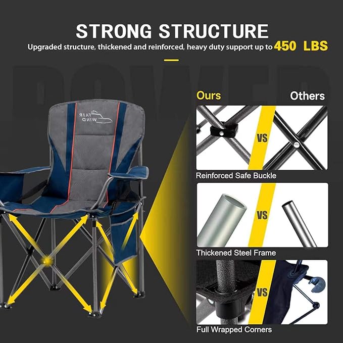 FAIR WIND Oversized Fully Padded Camping Chair for Heavy People with Lumbar Support, Heavy Duty Quad Fold Arm Chair with Cooler Bag - Support 450 LBS,Blue