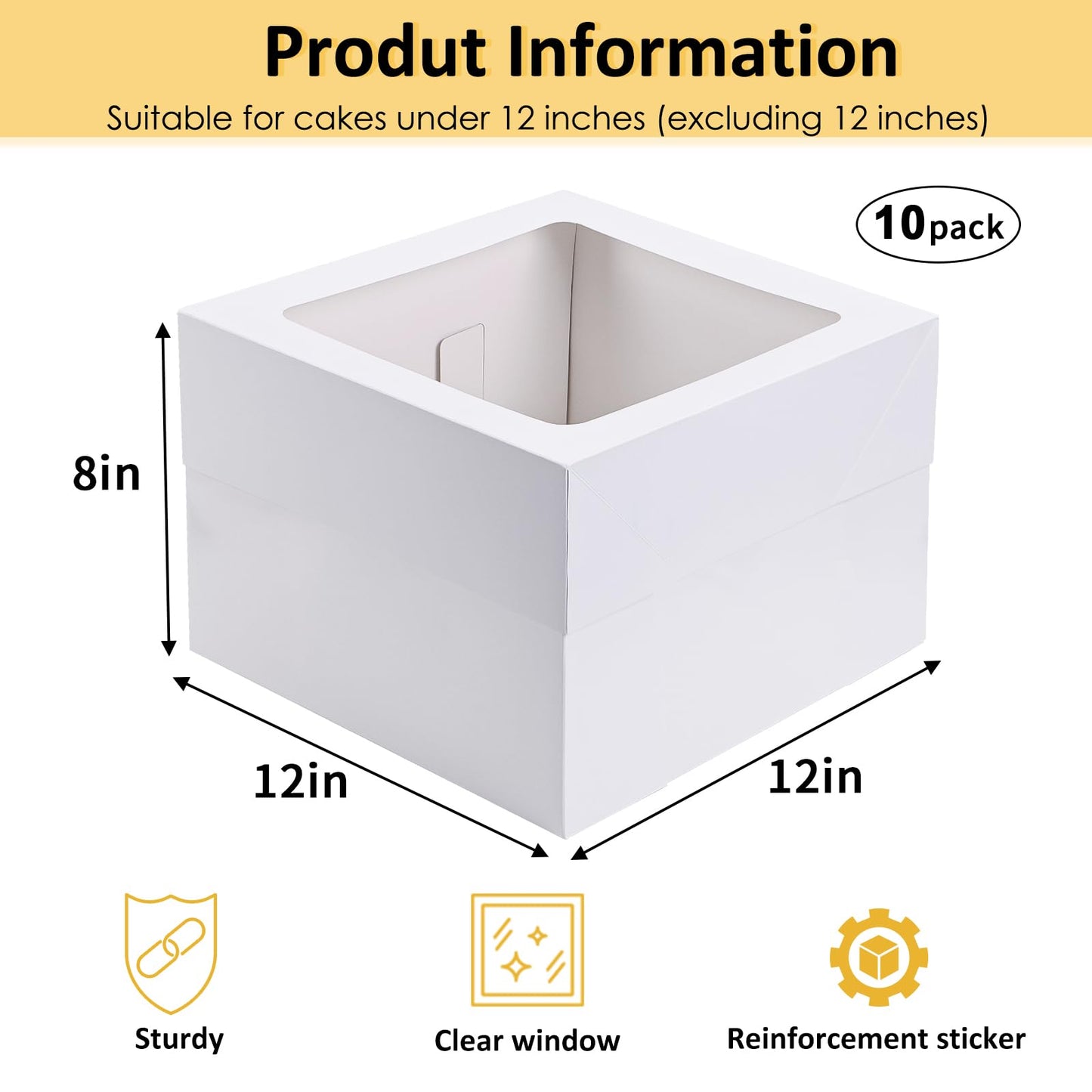Moretoes 10pcs Cake Boxes 12x12x8 Inch White Bakery Boxes with Window Tall Dessert Cardboard Containers for Cakes Cupcakes Pies Donuts Cookies, for Valentine's Day Mother's Day