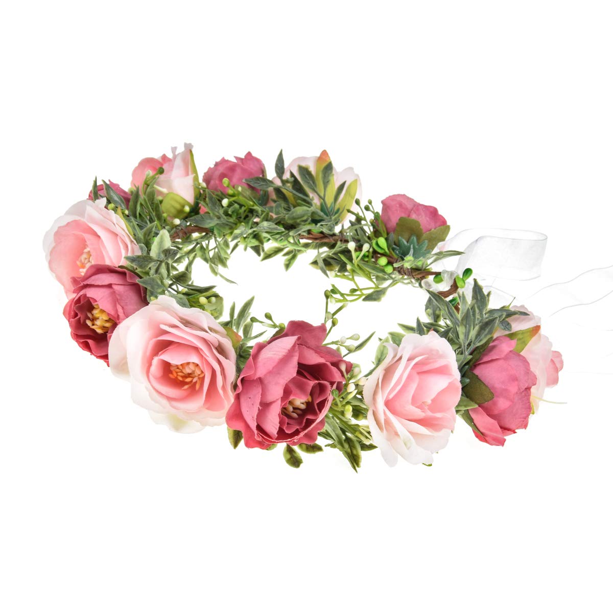 DreamLily Girls Camellias Flower Crown Birthday Photo Pops Hair Wreath Wedding Festival Floral Headpiece XM11 (B-Fuchsia Pink)