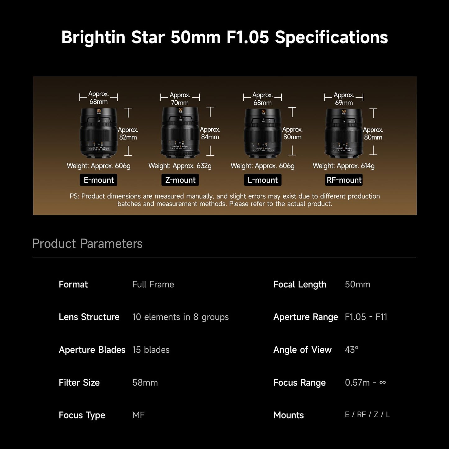 Brightin Star MF 50mm F1.05 Full-Frame Lens for Sony E Mount Mirrorless Cameras,f/1.05 Large Aperture Manual Focus Prime Lens Fit for A7III A7RIII A7SII A7II a6500 a6400 a6300