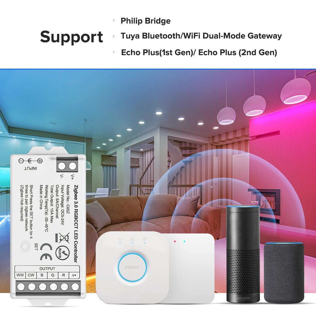 BTF-LIGHTING Tuya Zigbee 3.0 C05Z Controller Support RGBCCT 6 pin (+V R G B CW WW) PWM LED Strip Bulb Compatible with Echo Plus/4th Gen Tuya Gateway DC5V/DC12V/DC24V Max 15A