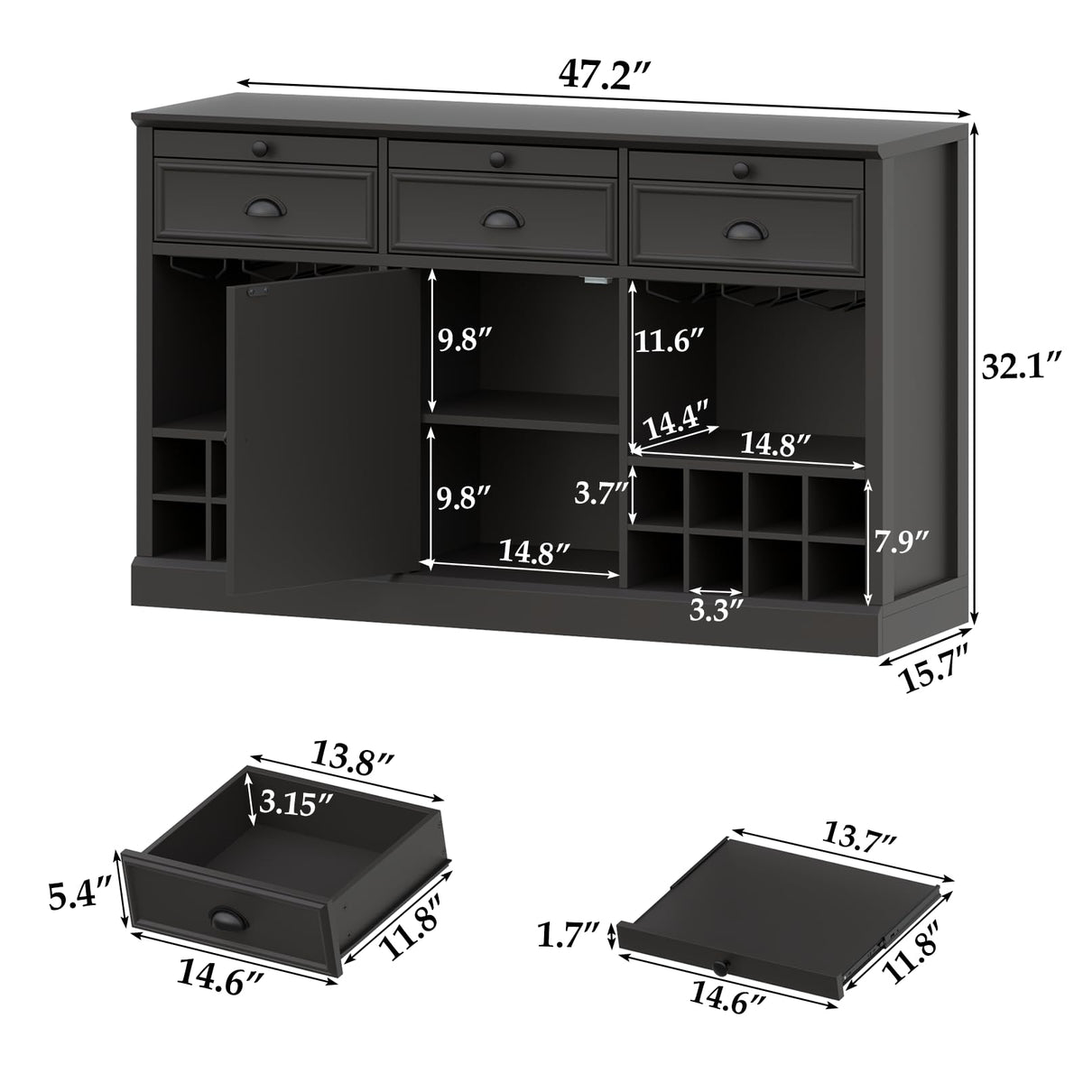 Loomie Wine Bar Cabinet with Pull-Out Trays & Drawers, Liquor Cabinet with Wine Rack & Stemware Holder, Coffee Bar Cabinet with Door & Adjustable Shelf, Kitchen Buffet Cabinet for Home Pub (Black)