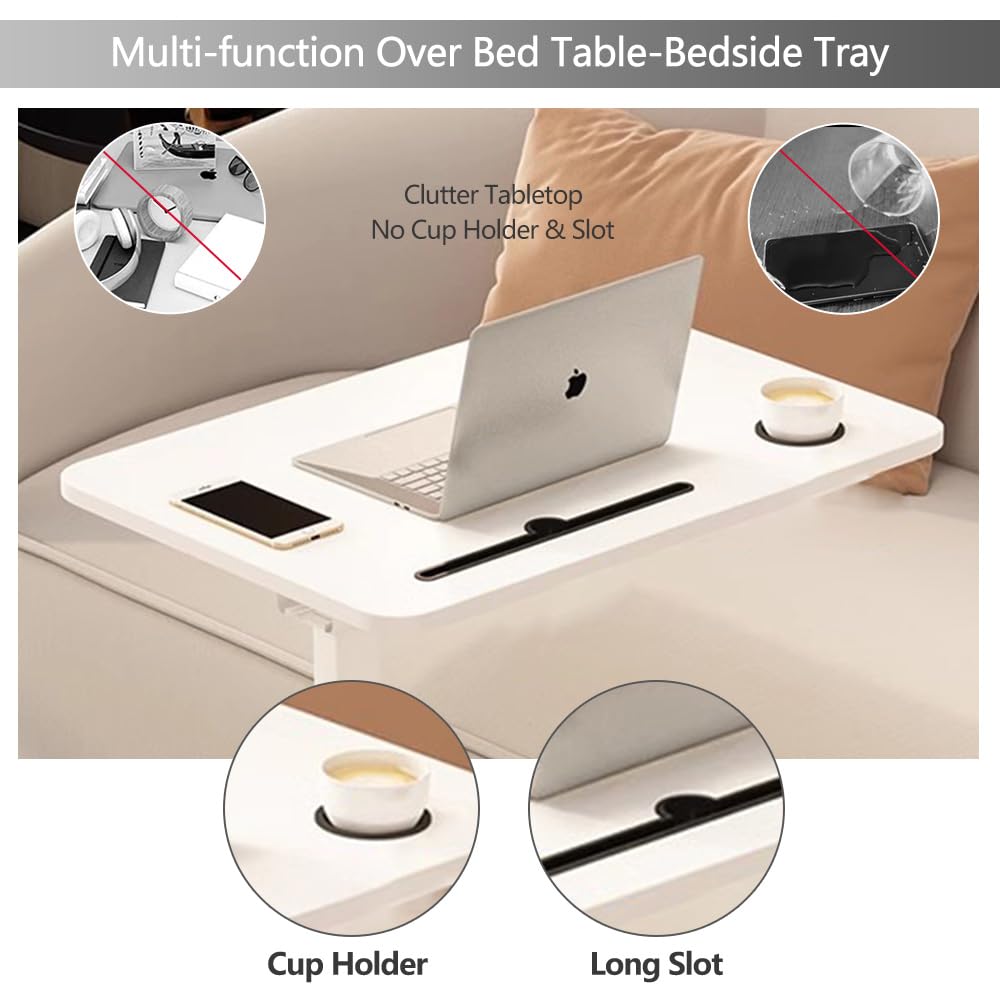 BeGyoku Overbed Table,Over The Bed Table with Hidden Wheels&Cup Holder,Adjustable Bedside Table and Rolling Table Tray&Laptop Cart,Hospital Table Over Bed for Home Use-White
