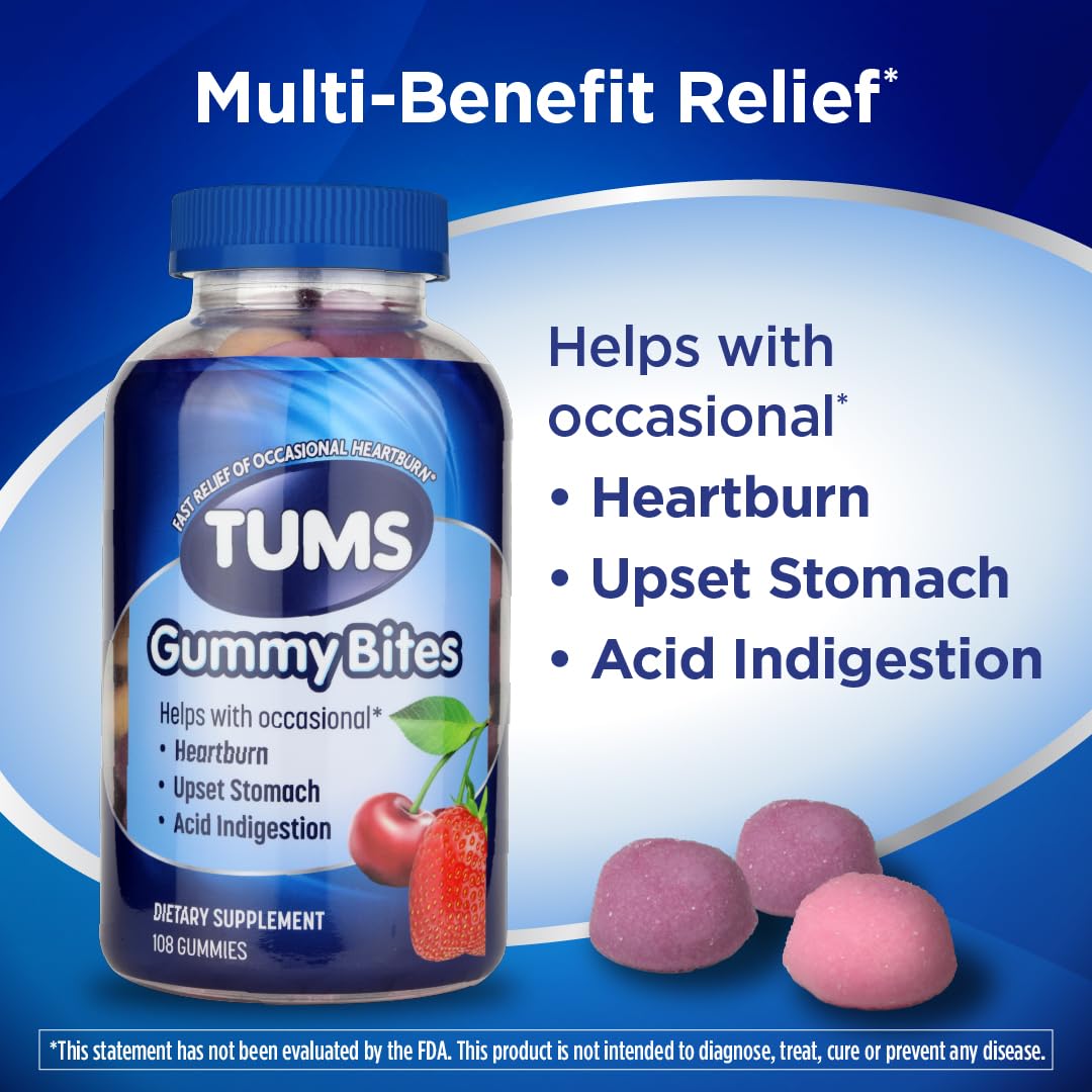 TUMS Gummy Bites Dietary Supplement for Occasional Heartburn Relief, Upset Stomach and Acid Indigestion, Cherry Berry Burst - 108 Count