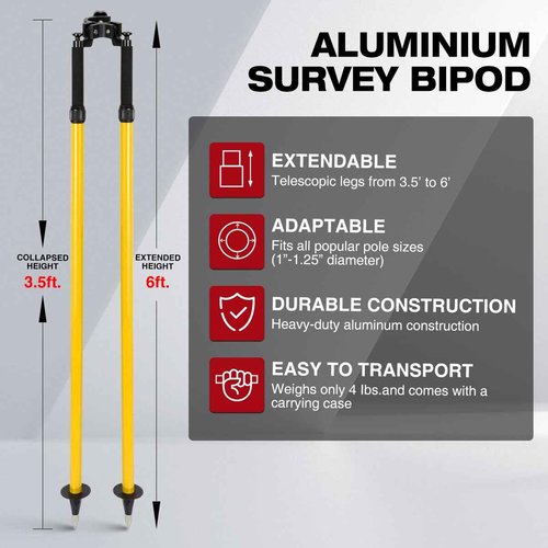 Aluminum Bipod for Surveying Poles | Adjustable Telescoping Legs with Thumb Release | Universal 1"-1.5" Pole Compatibility(Yellow)