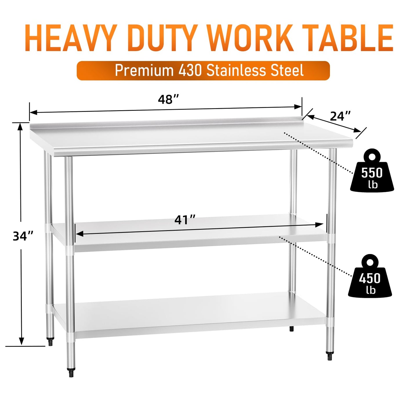 HOCCOT Stainless Steel Table 24" x 48" with 2 Adjustable Undershelves and Backsplash, Commercial Metal Workstations for Kitchen, Garage, Outdoor BBQ
