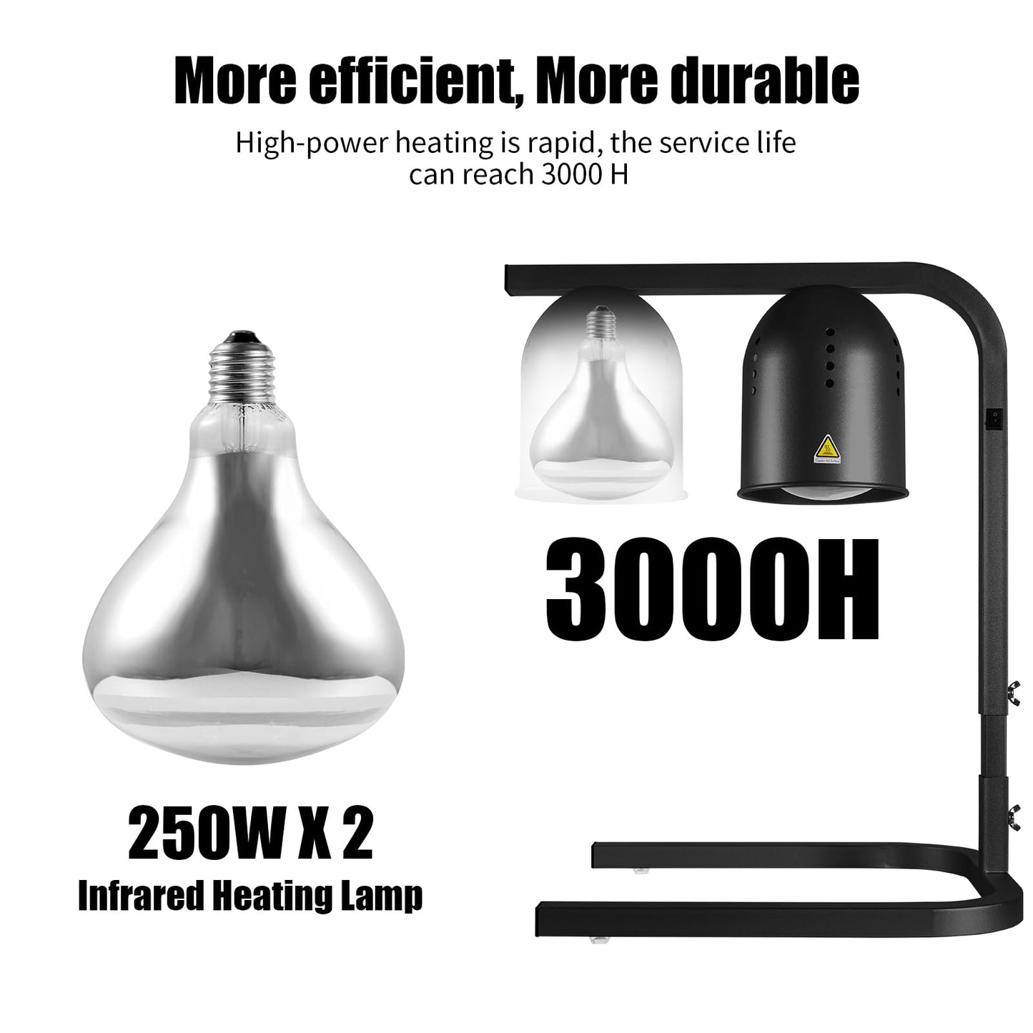 VORIGY Heat Lamp for Food, with Two 250W Bulbs for Fast and Even Heating, Food Heat Lamp with Adjustable Height Stand, Commercial Food Warmer Lamp for Home, Fast Food Restaurant, Buffet, Bakery Black