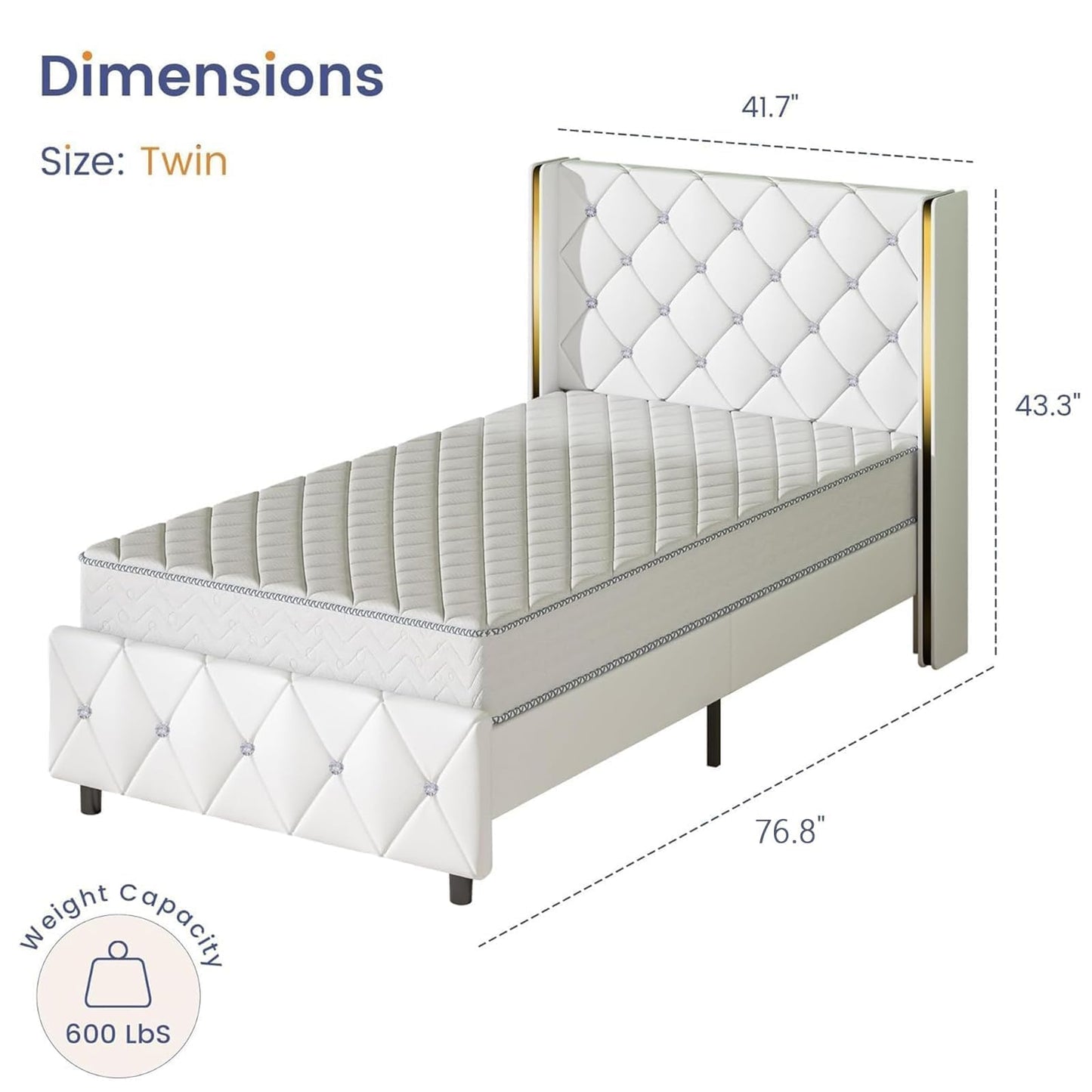 Twin Bed Frames with Headboard, Upholstered Platform Bed with Wingback Design, Modern Diamond Bed Frame with Tufted Deep Button, No Box Spring Needed, Easy Assembly, White