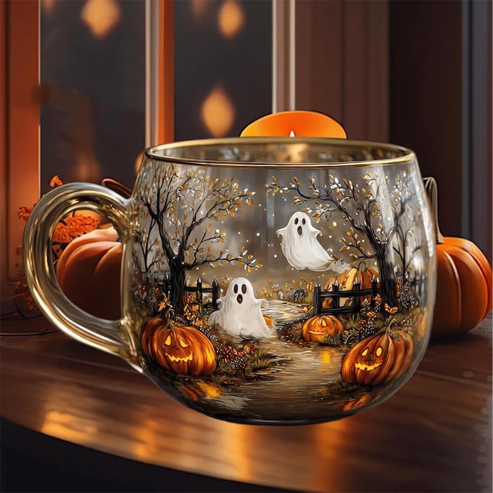 Haunted Path Halloween Mug – Cute Ghost Pumpkin Glass Coffee Cup, Spooky Season Personalized Halloween Coffee Cup with Fall Foliage (1pcs)