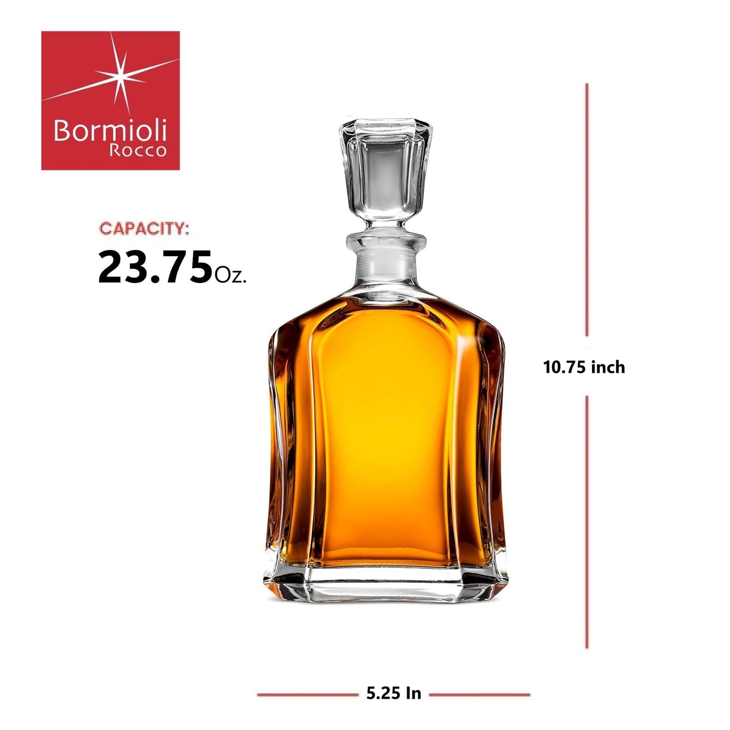 Bormioli Rocco Capitol Glass Decanter, Airtight Geometric Stopper, 23.75 oz Whiskey Decanter for Wine, Bourbon, Brandy, Liquor, Juice, Made in Italy.