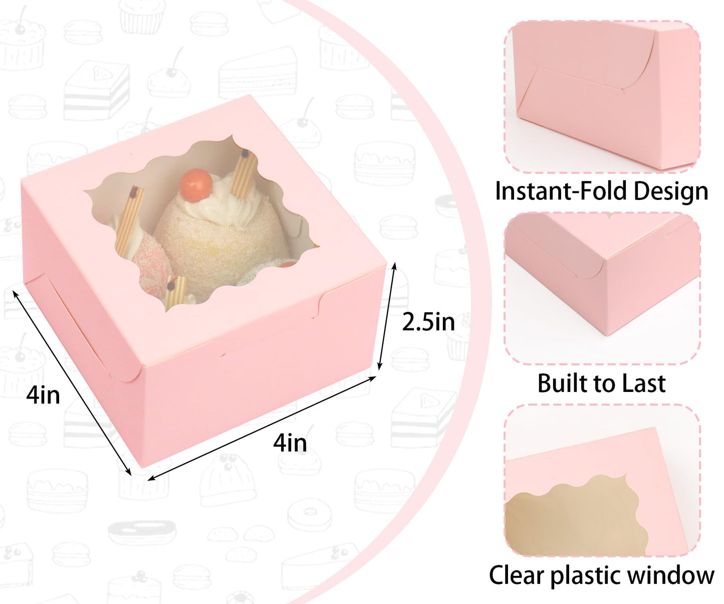 TryDrem 50Pcs 4x4x2.5 Pink Cookie Boxes, Bakery Boxes for Baked Goods, Cookies, Pastry, Strawberries, Macarons