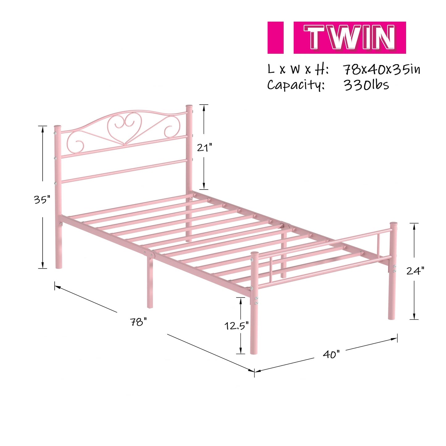 VECELO 14 Inch Twin Size Metal Platform Bed Frame with Headboard and Footboard, Heavy Duty Mattress Foundation with Steel Slats Support, No Box Spring Needed, Pink