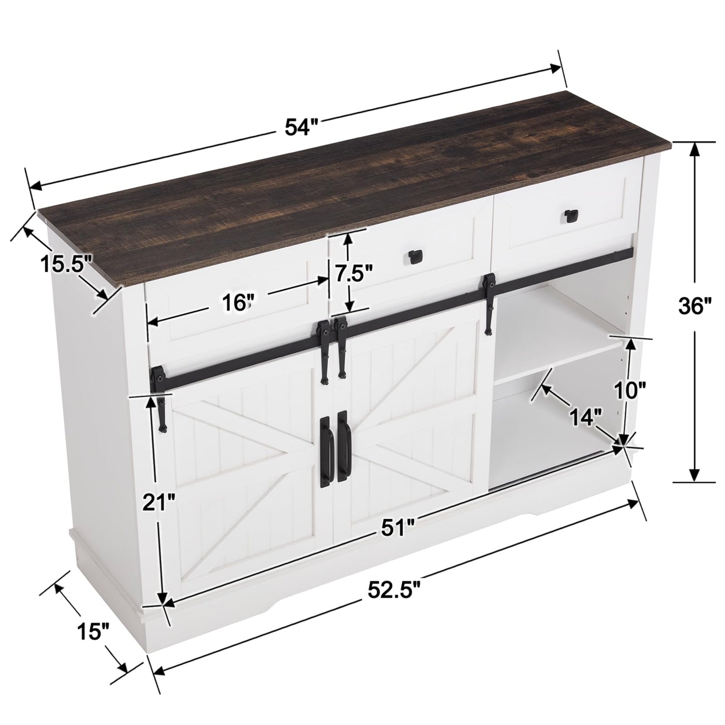 Kmax Farmhouse Wine Bar Cabinet w, 54” Buffet Cabinet with Storage, Rustic White Coffee Bar Cabinet with Sliding Barn Doors, Wine/Glass Rack & 3 Drawers for Living, Dining Room, Black Top