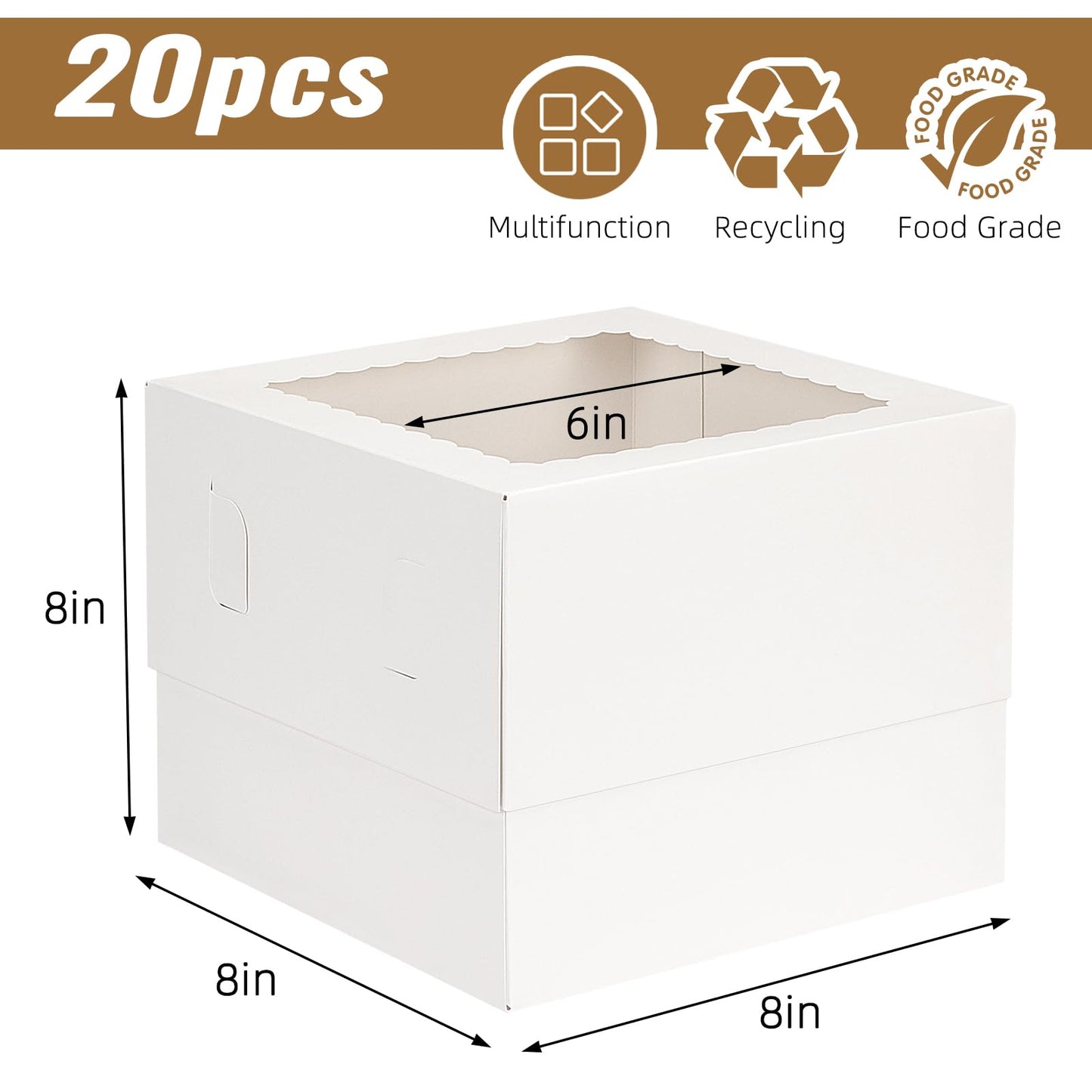 Moretoes 20pcs 8x8x8 Inches Cake Boxes with Window, White Bakery Dessert Boxes, Cajas Pasteles for Cake, Valentine's Day, Mother's Day, Birthday, Wedding, Party