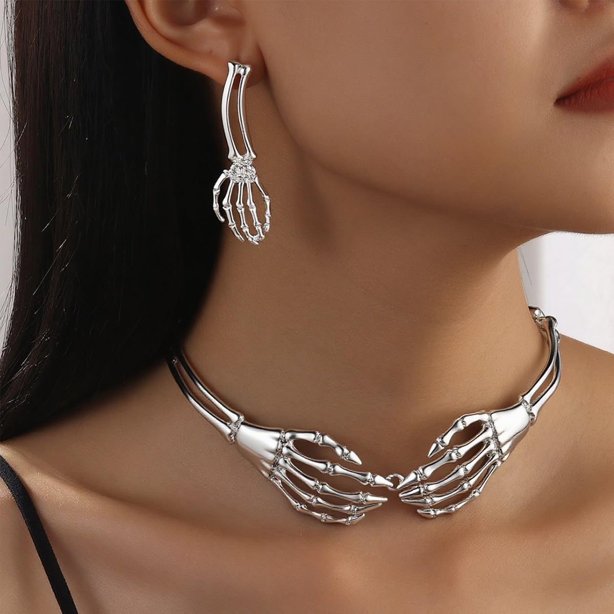 MSSIEJEW Halloween Necklace Earrings for Women Skull Hand Choker Necklace Skeleton Hand Earrings Gothic Punk Jewelry Set(silver)