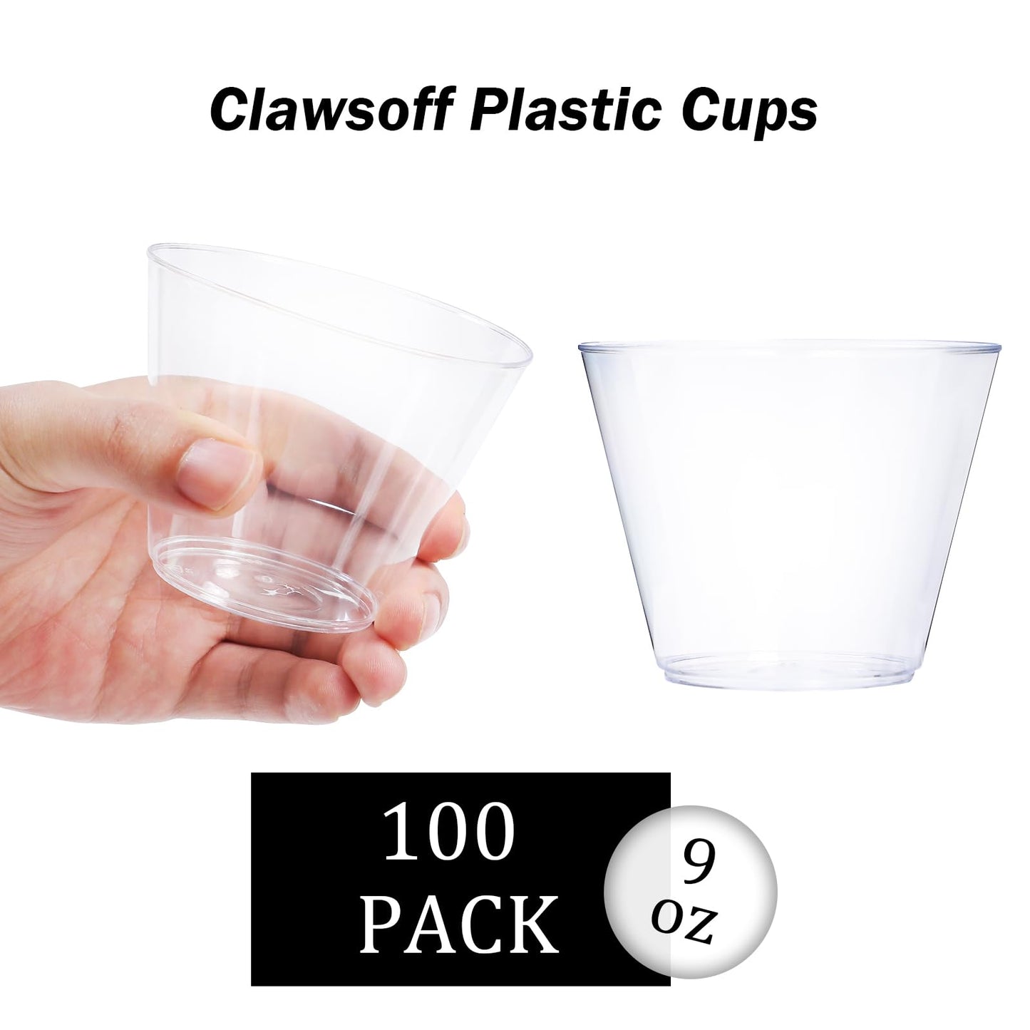 Clawsoff 9 oz Clear Plastic Cups, 100 Pack Disposable Fancy Cup for Wedding, Cocktail Cups 9 Ounce, Bulk Clear Plastic Tumblers for Iced Coffee, Cold Beverage