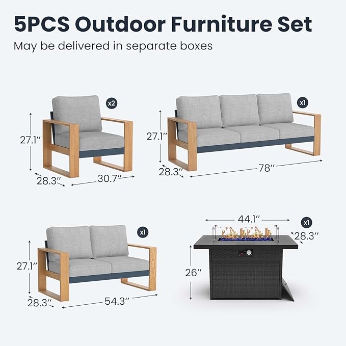 5 Pieces Aluminum Patio Furniture Set, Outdoor Conversation Sets with High Backrest Sofa and Fire Pit Table for Garden and Backyard