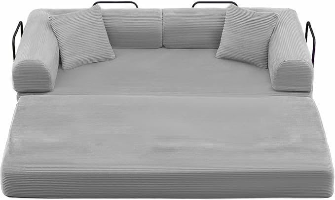 ZQRhome 79" 5-in-1 Convertible Sofa Bed, Deluxe Sleeper with Pillows & Sturdy Base, Easy Setup Corduroy Couch for Modern Living Space & Small Apartment, Light Gray