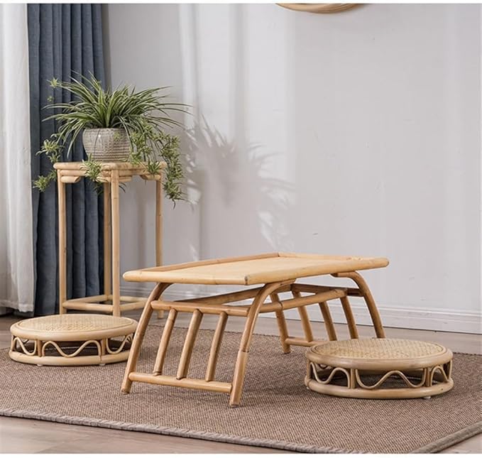 Rattan Low Stool, Hand-Woven Round Rattan Cushion, Meditation Floor Mat, Vintage Futon Cushion, Yoga Cushion, Suitable for Bedroom, Balcony(Natural,45 * 15cm/17.7 * 5.9in)