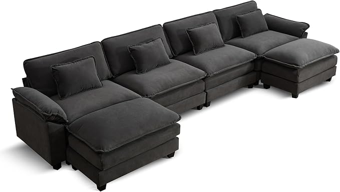 URRED Cloud Couch Modular Sectional Sofa, 157" Modern U Shaped Deep Seat Sofa with 2 Ottomans & Pillows, Ultra Comfy VelvetCouches for Living Room, Bedroom or Apartment, Dark Gray