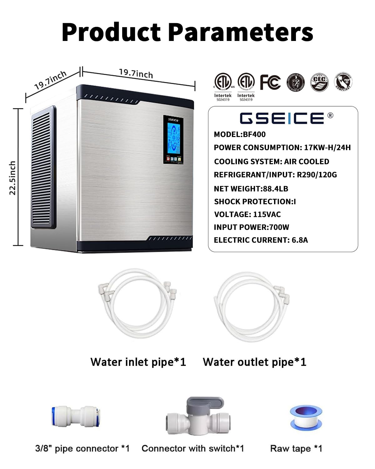 Commercial Ice Maker Machine Head Only, 500lbs/24H ETL Commercial Ice Maker with Self-Cleaning, DOE&CEC Energy-efficient,48 Hours Timer, Stainless Steel Ice Maker for Restaurant Bar Cafe Hotel