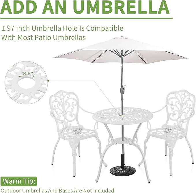 Withniture 3 Piece Outdoor Bistro Table Set, Cast Aluminum Patio Bistro Sets with Umbrella Hole, All Weather Bistro Table and Chairs Set of 2 for Garden Porch (Butterfly Arm, White)