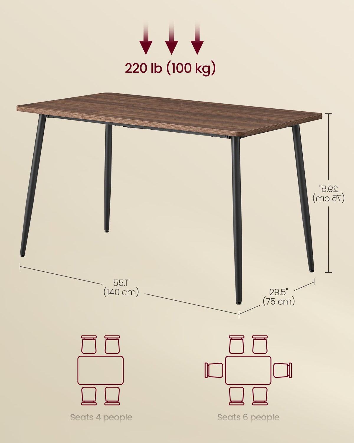 VASAGLE Dining Table, Dining Room Table for 4-6 People, Modern Farmhouse, for Kitchen, Quick Assembly, Heat-Resistant Surface, 29.5 x 55.1 x 29.5 Inches, Natural Walnut and Ink Black UKDT100K02V1