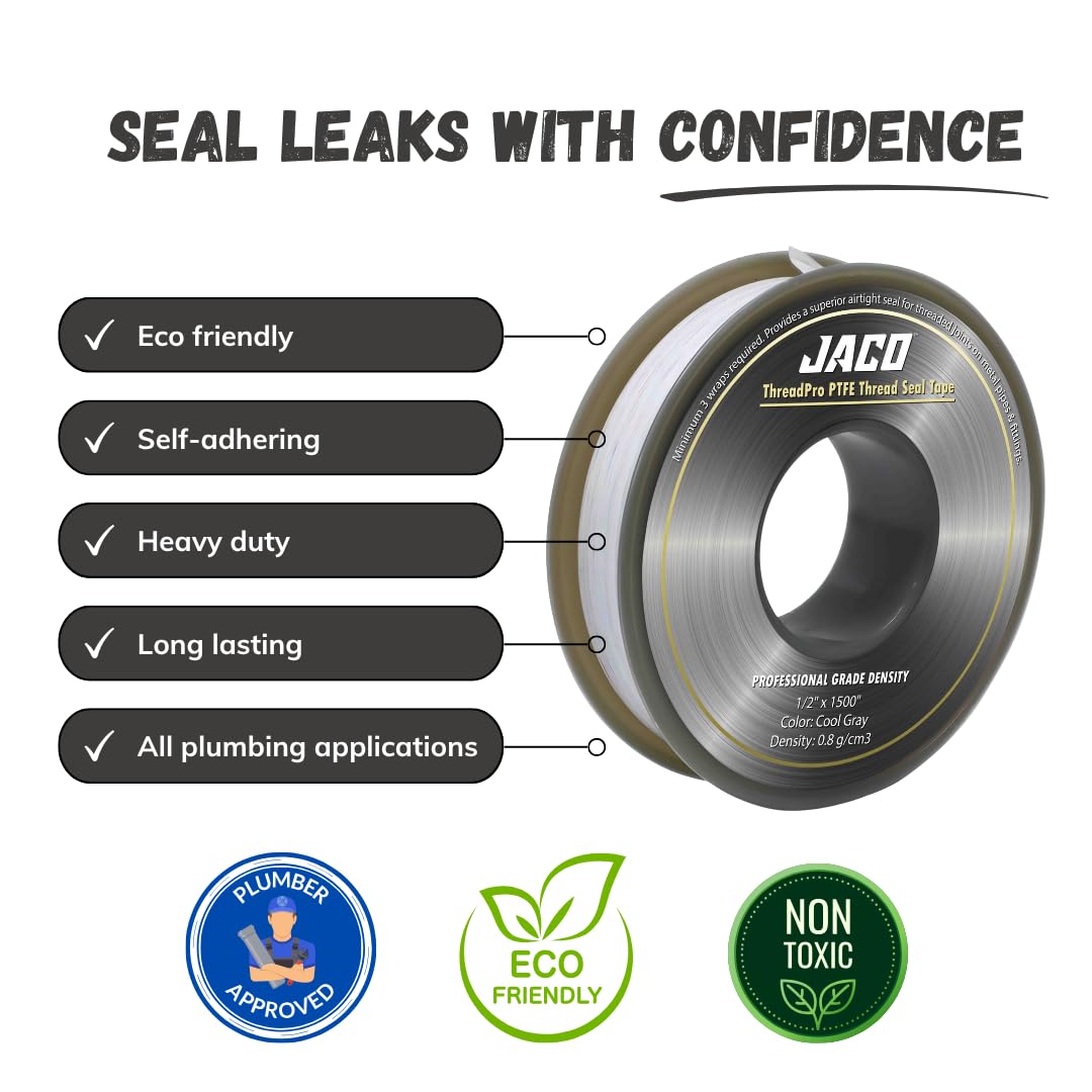 JACO ThreadPro High-Density Thread Seal Tape - 1/2" x 125 ft. (Mega Roll) | Professional PTFE Pipe Sealant | Plumbers Tape