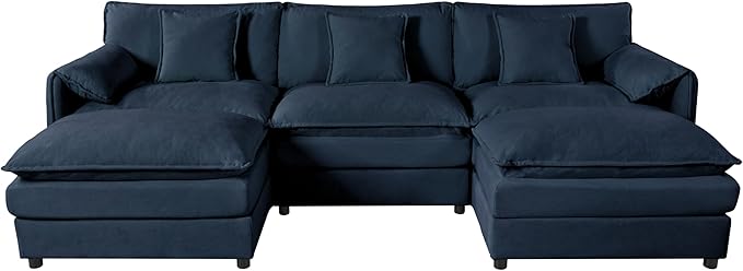 RENDGO 109" Modular Sectional Sofa with 2 Ottoman, Chenille Cloud Couch for Living Room & Apartment, Deep Seat Comfort, Flexible U-Shape Combination Sofa for Home & Office,Blue