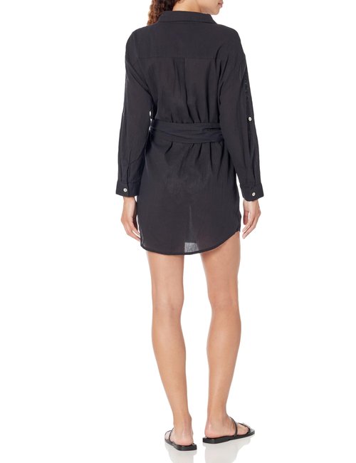 Becca by Rebecca Virtue Women's Standard Gauzy Shirt Dress, Collared Button-Up, Beach Cover Ups, Black