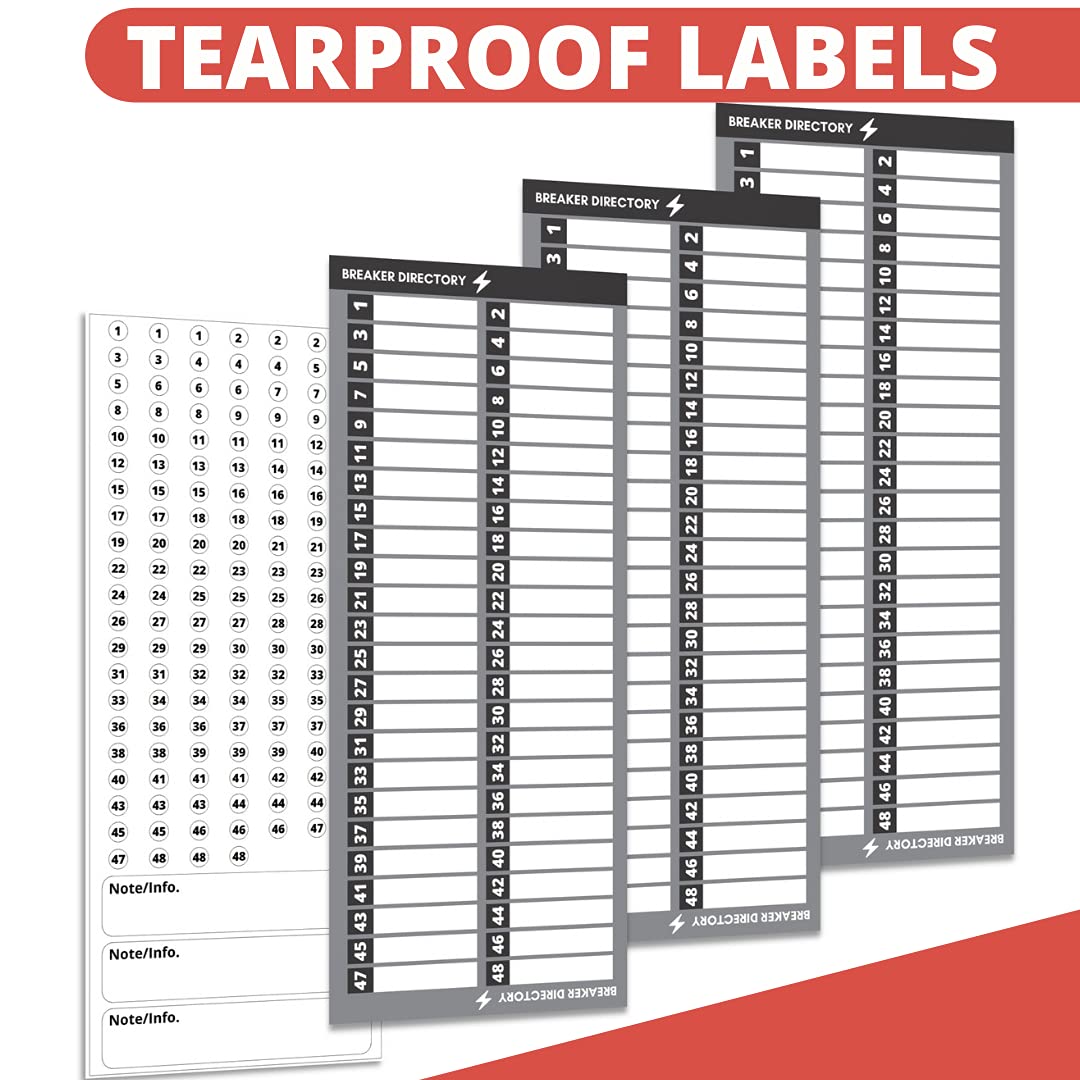 Premium Quality Non-Tearable Vinyl Paper Circuit Breaker Directory Label with Fuse Stickers for Fuse Panel, Marker Sign for Electrical Panel. Strong Adhesive. Up to 48 Entries. House or Commercial Use