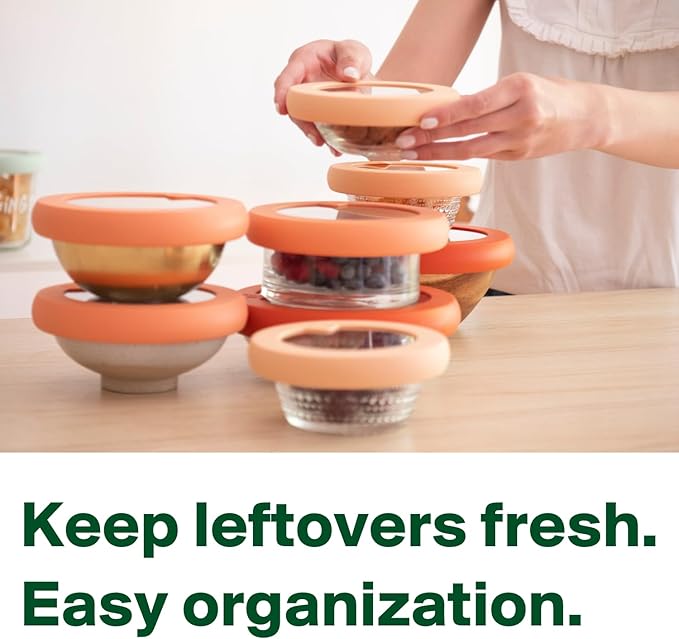 Food Huggers Replacement Lids for Glass Storage Containers | Silicone & Glass Lids that Don’t Crack | Fits Most Round Container Brands & Bowls | 100% Plastic Free (1 Lid (Medium), Terracotta)