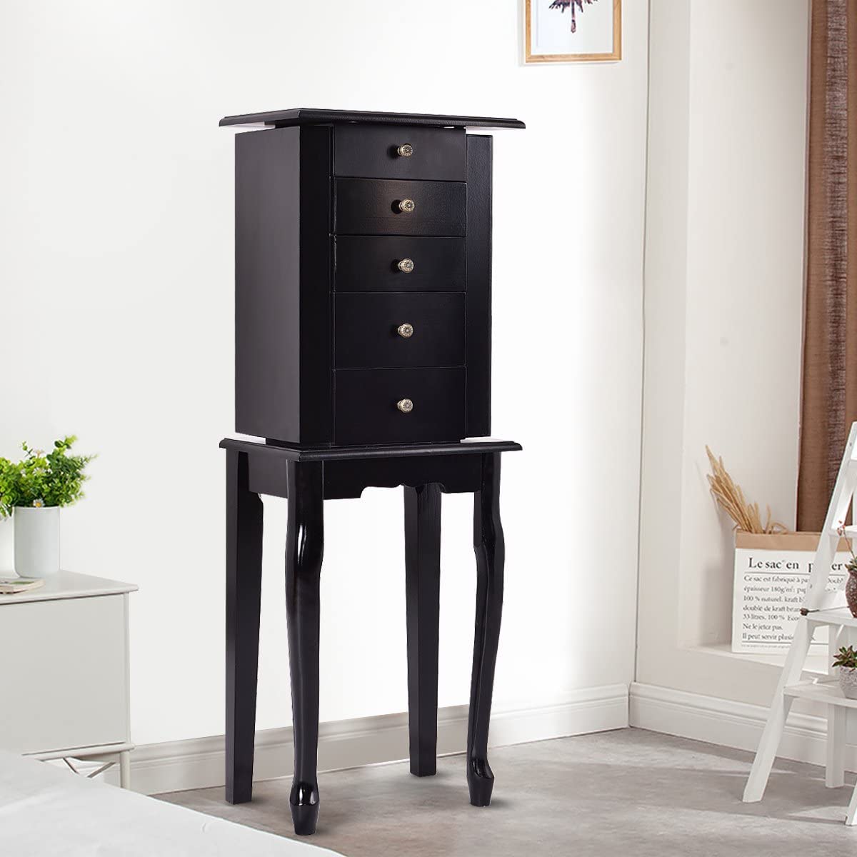 LDAILY LUARANE Jewelry Cabinet Armoire, Jewelry Storage Chest Organizer with 4 Drawers 8 Necklace Hooks Flip Top Mirror, Free Standing Jewelry Box Stand with 2 Side Swing Doors (Black)