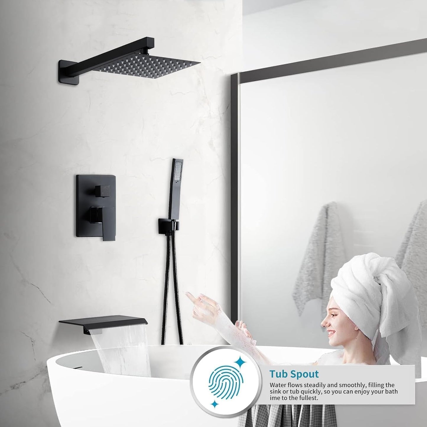 RTTWYYUU Matte Black Shower Faucet 12 Inch Set with Tub Spout, Shower Head and Handle with 2 Hooks Rain System Square Wall Mount for Bathroom