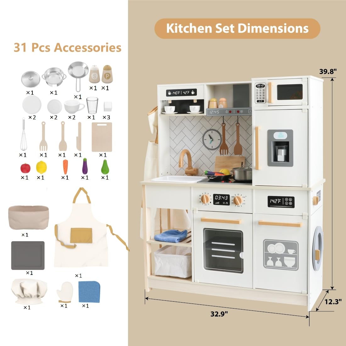 Freniland Wooden Play Kitchen Kids Kitchen Playset with Real Light & Sound Realistic Ice Maker Stove Oven Chef Pretend Toy Kitchen Include 31 Accessories Kids Toy Gift for Child Ages 3+ Toy Furniture