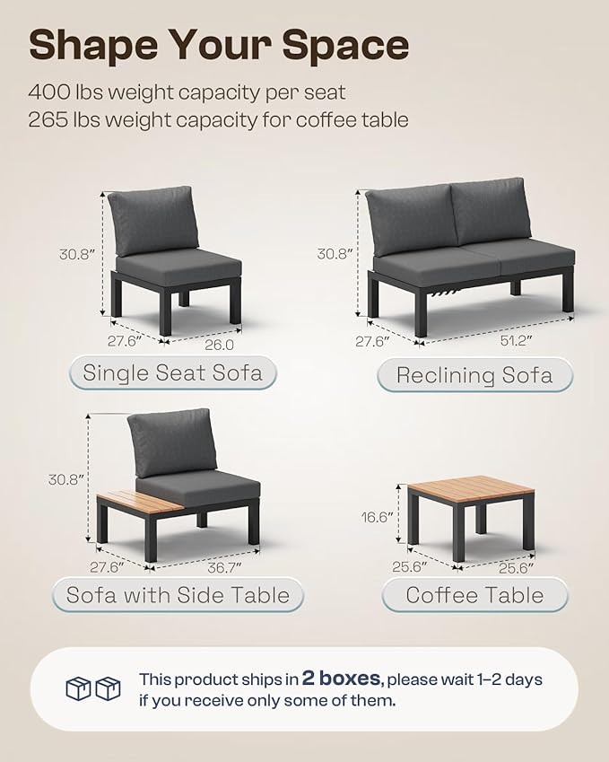 Oasbira Aluminum Outdoor Patio Furniture Set, 4 Seats Modular Patio Sectional Sofa Set with Adjustable Backrest & Removable Cushions, All-Weather Outdoor Conversation Sets for Garden & Yard, Graphite