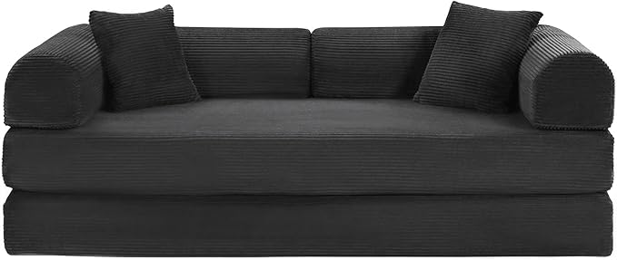 ZQRhome 79" 5-in-1 Convertible Sofa Bed, King Size Sleeper with Bonus Pillows & Heavy Duty Frame, No Assembly Corduroy Couch Bed for Movie Night & Guest Room, Black