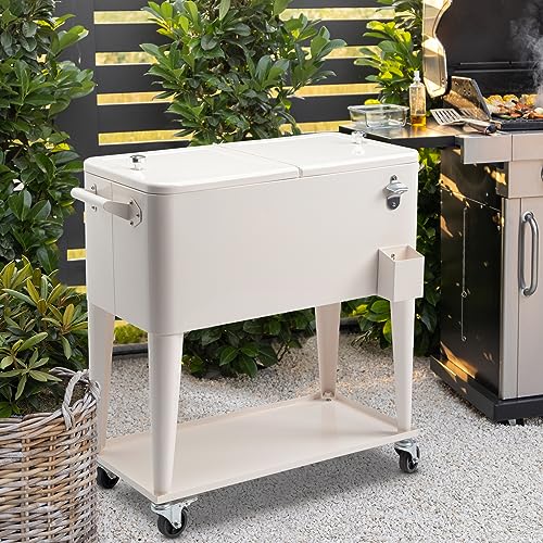80 Quart Rolling Ice Chest,Portable Bar Drink Cooler,Camping BBQ Ice Chest Cart,Modern Beverage Cooler Cart,with Catch Bas...