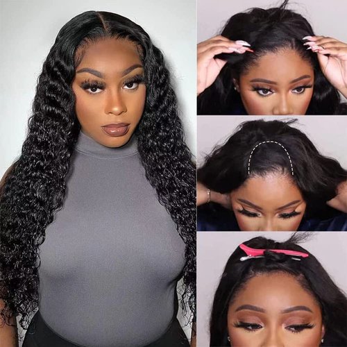 kloiynj U Part Wigs Human Hair for Black Women Deep Wave Human Hair Brazilian Hair Full Head Clip in Half Wig V Part Glueless Wigs Human Hair Pre Plucked U Shape Wigs (Natural Black, 18 inch)