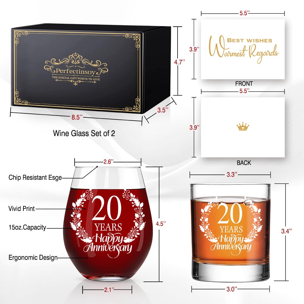Perfectinsoy 20 Years Happy Anniversary Whiskey Glass and Stemless Wine Glass Gift Set, 20th Anniversary Wedding Gift For Mom, Dad, Soulmate, Couple, 20 Years Gifts, Happy 20th Anniversary