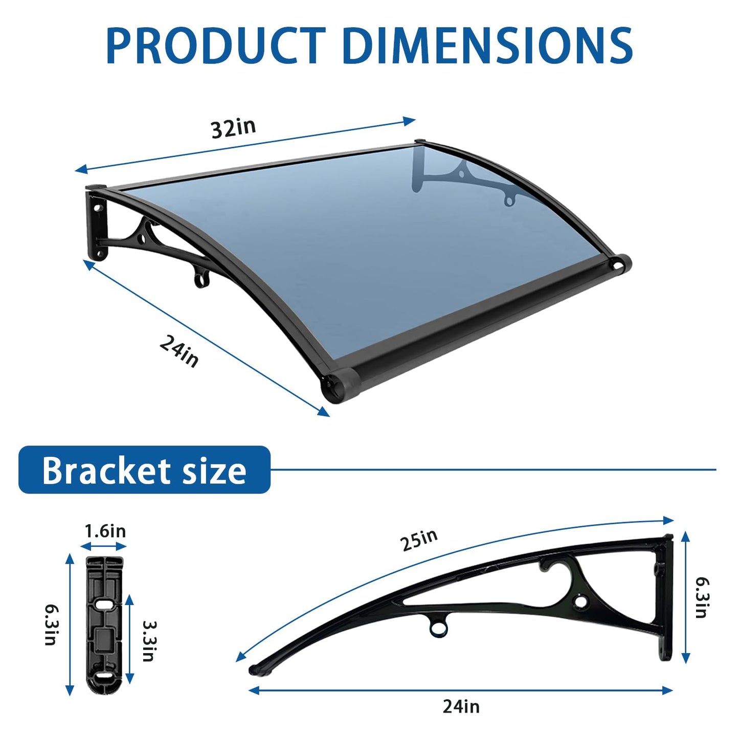 Awning for Door Entrance - Aluminum Bracket awnings for Doors Canopy Metal awnings for Windows Outside Front Doors/Window Overhang porches 24x32in Awning Canopy for Patio/Deck/Cellar UV/Rain