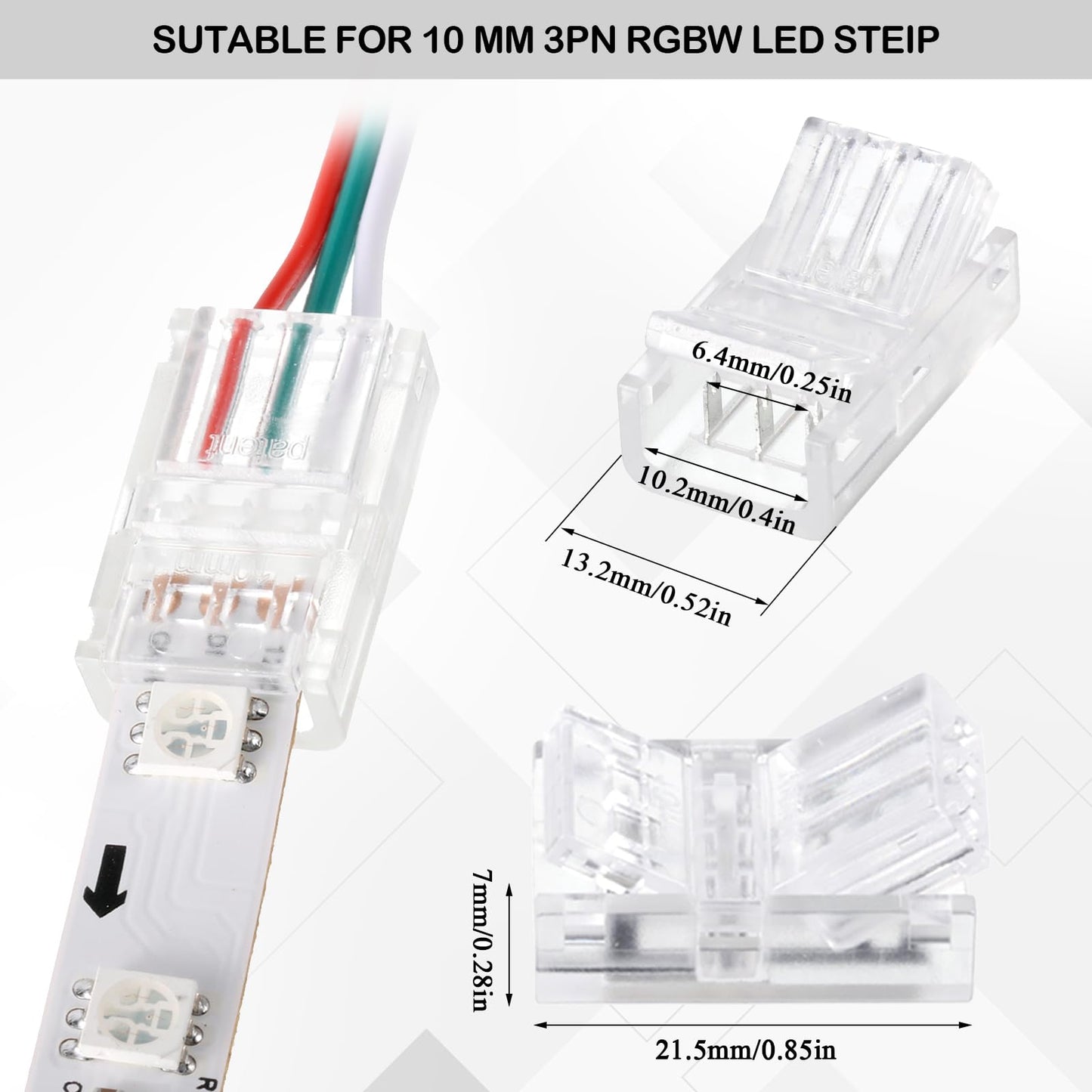 Flutesan 100 Pcs 3 Pin 10mm Solderless LED Light Strip Connectors Clear Track Lighting Connectors for 5050 RGB Strip Light