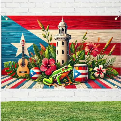HOMETITUTE Puerto Rico Flag Frog Banner Indoor Outdoor Party Decor Backdrop 71x43 Inch Festivals Wall Banner Hibiscus and ...