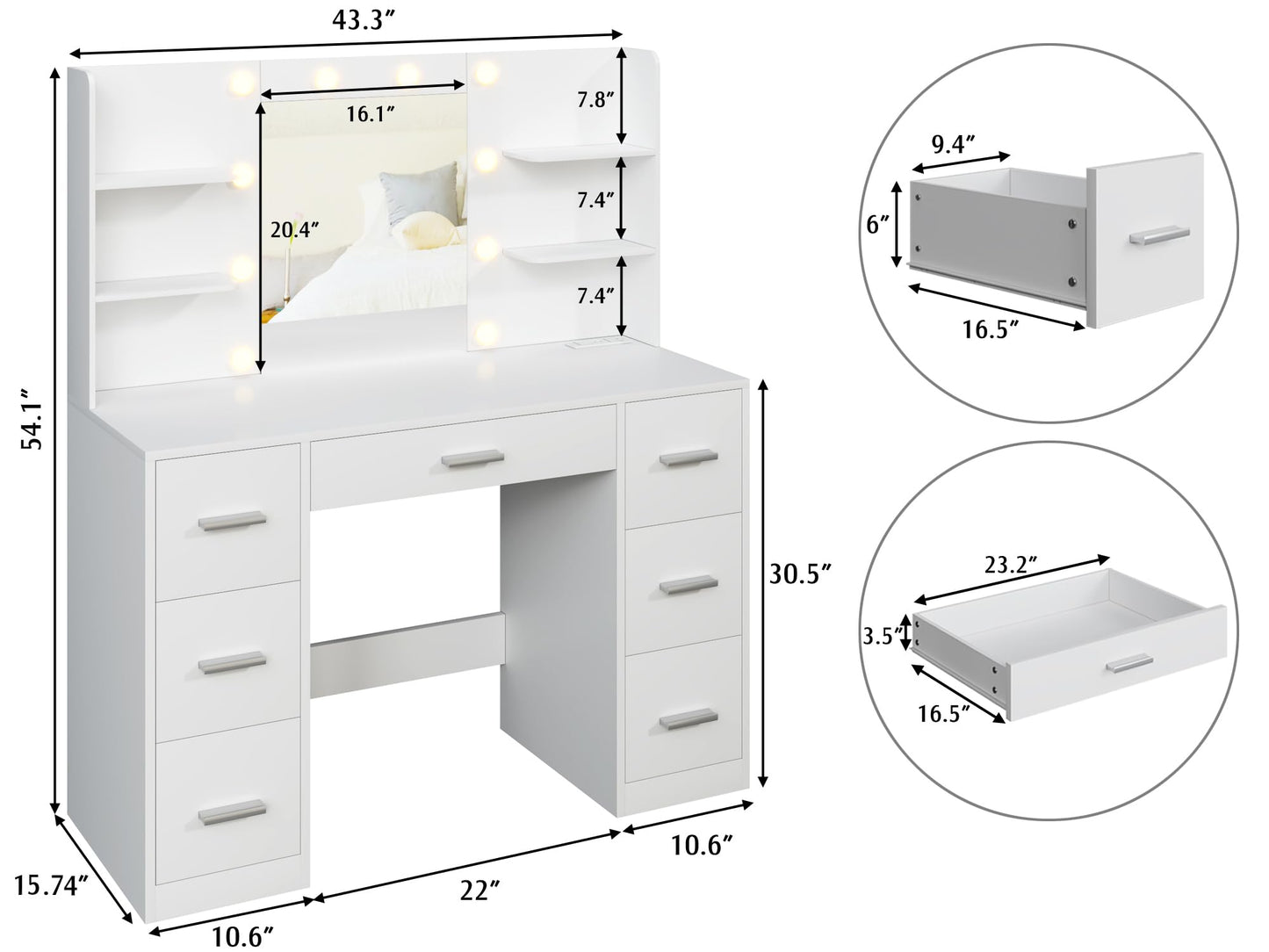 YESHOMY Vanity Desk with Mirror, Power Outlet and 10 Lights, Makeup Table with 7 Drawers, 3 Color Modes Available for Bedroom, Milk White