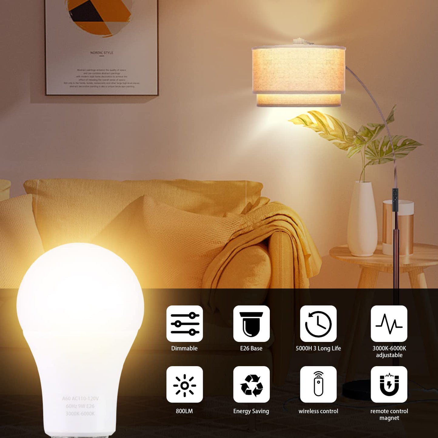 MXhme A19 LED Light Bulbs with Remote Control, 800LM 9W, 60W Equivalent LED Bulbs,Stepless Dimmable 3000K-6000K,E26 Base,CRI 80+,2.4GHz,25000+ Hours Lifespan,Light Bulb for Home Decor,1Bulb&1Remote