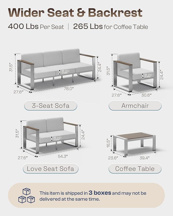ComfCove Aluminum Outdoor Furniture Set, 4 Seats Outdoor Patio Conversation Sets with Ergonomic Seat and Wide Washable Thick Cushions, Modern Patio Sectional Furniture for Balcony, Porch (Gray)