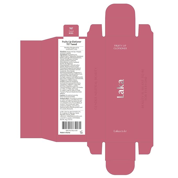 Laka Fruity Lip Glotioner, 10ml/0.33 fl.oz, Lip Gloss with High Shine Vivid Colors, Jelly tip for Hygienic & Easy Application, K-Beauty (#707 Tweed)