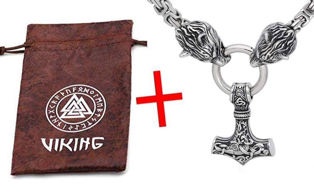 GuoShuang Men Stainless Steel Wolf Head Norse Viking Amulet Thor Mjolnir Necklace King Chain with Valknut Gift Bag (28 INCH)