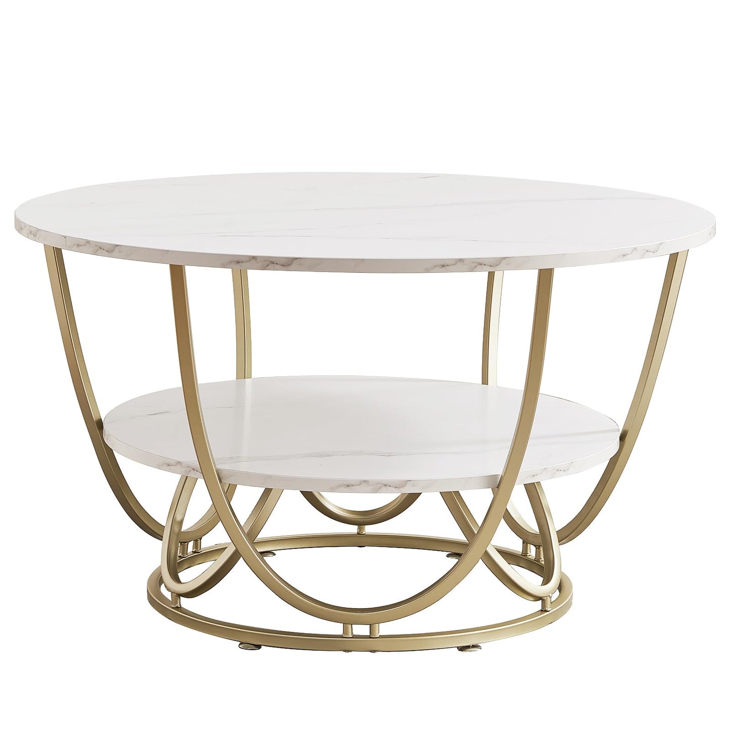 Elephance Round Coffee Table with Storage, 30 Inch Modern Coffee Table for Living Room,Wooden Tabletop-Marble White Print with Gold Frame