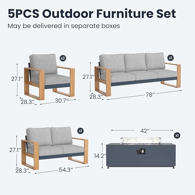 5 Pieces Aluminum Patio Furniture Set, Outdoor Conversation Sets with High Backrest Sofa and Fire Pit Table for Garden and Backyard